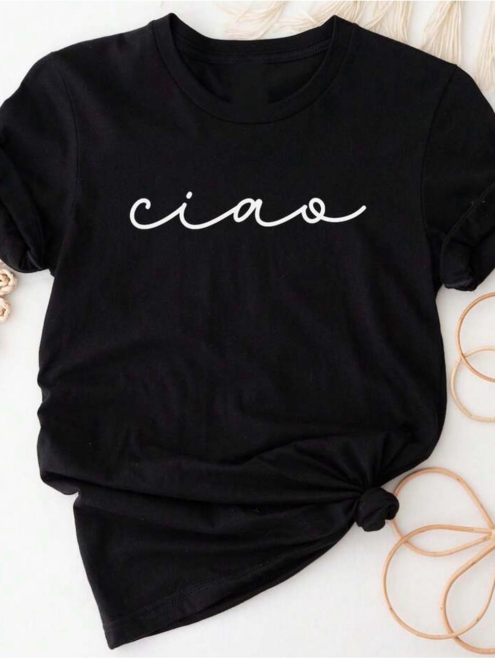 'Ciao' Script Minimalist Graphic Crewneck Tee, Black with White Lettering | Sz L